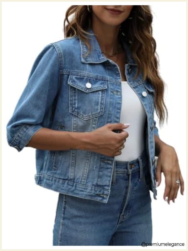 Cropped Denim Jacket With 3/4 Sleeves And Button Closure